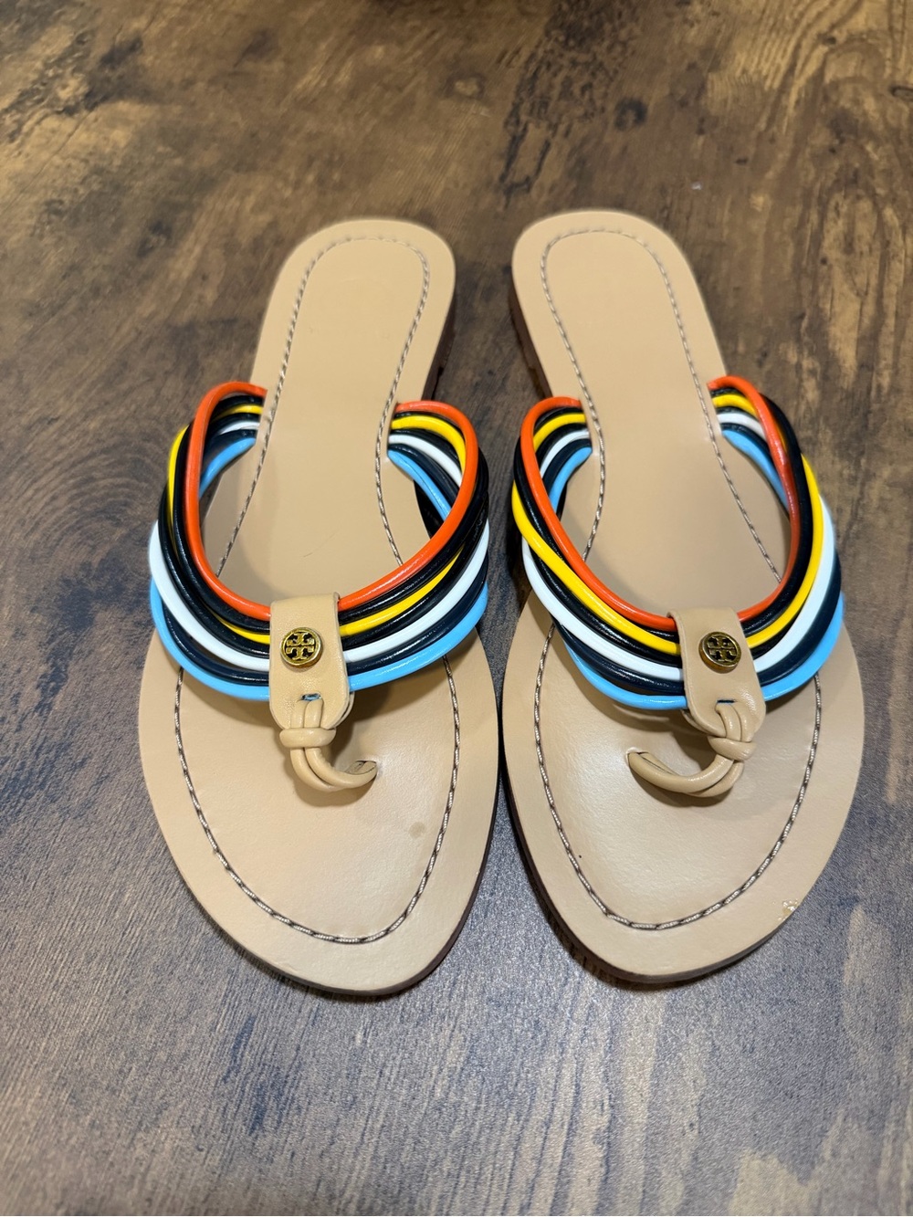 Tory Burch Tan Leather Sandals with Multicolor Braided Straps